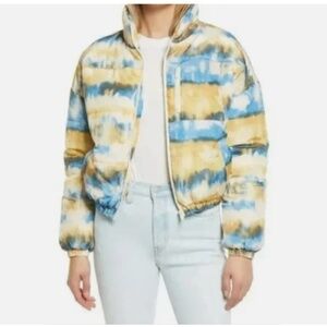 NWT BP Size XS Yellow Blue Horizon Print Tie Dye Puffer Jacket Coat MSRP $69.00